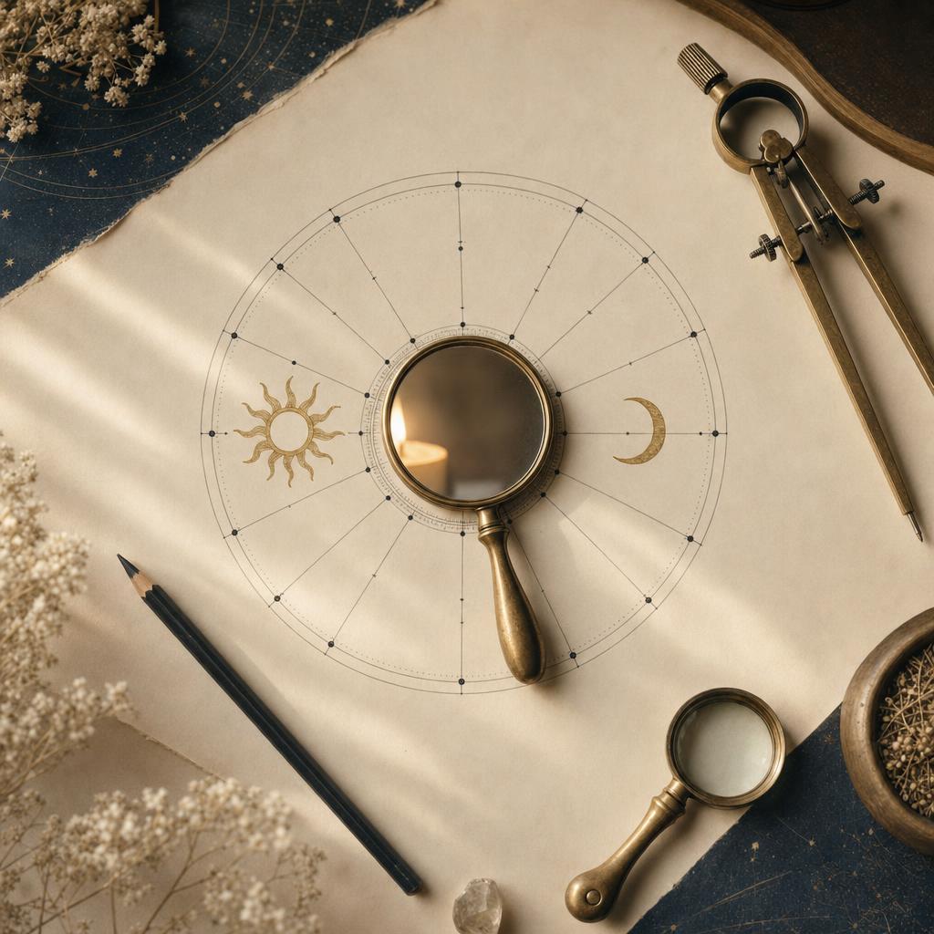 O oglindă rotundă de alamă pe o roată astrologică desenată de mână, cu Soarele și Luna în aur