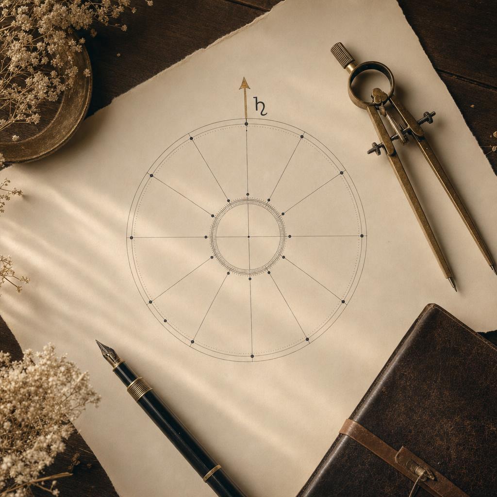 Roata astrologică desenată de mână, cu Mijlocul Cerului marcat în aur, un compas de alamă și un carnet
