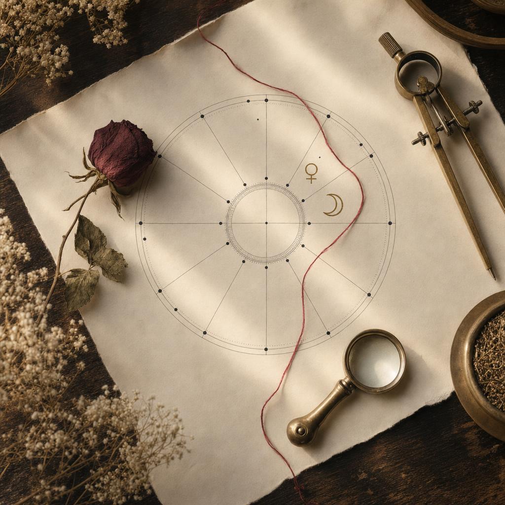 Roata astrologică desenată de mână, cu Venus și Luna în aur, un trandafir presat și un fir roșu